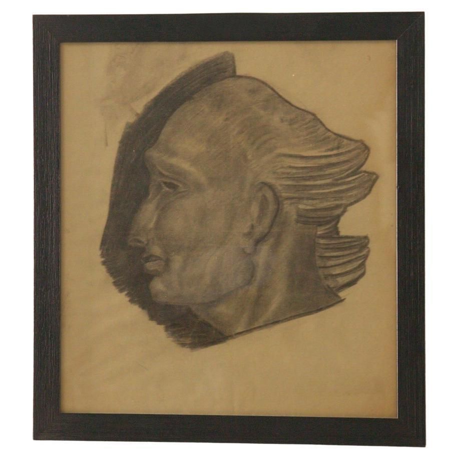 Study Of A Male Head   Italian Futurist Charcoal Drawing