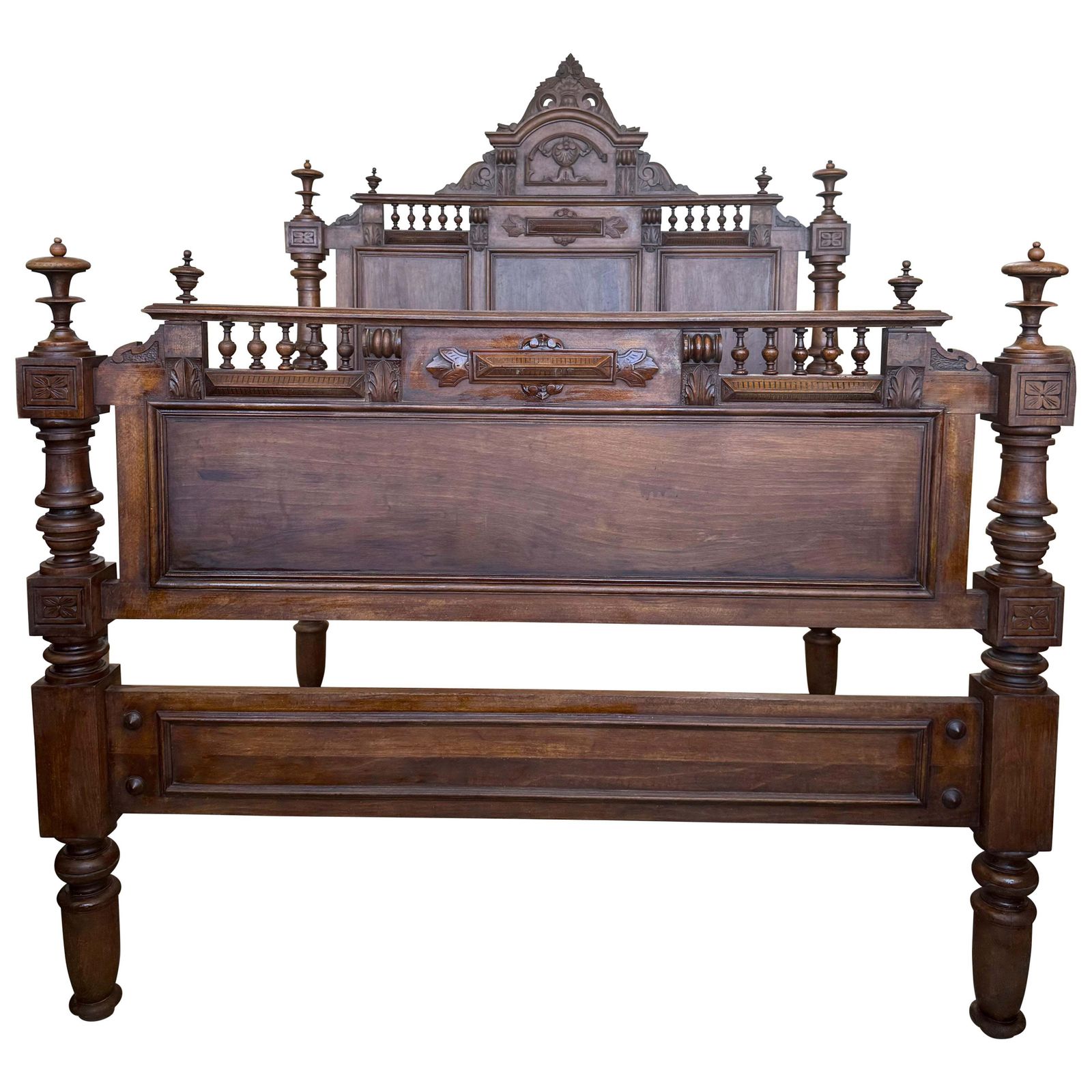 Antique French Louis XVI Style Full/Queen Size Walnut Carved Bed Frame Baroque