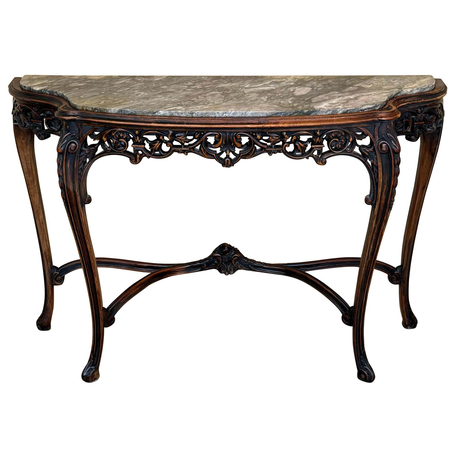 Console Régence française en noyer sculpté, détails polychromes et plateau en marbre