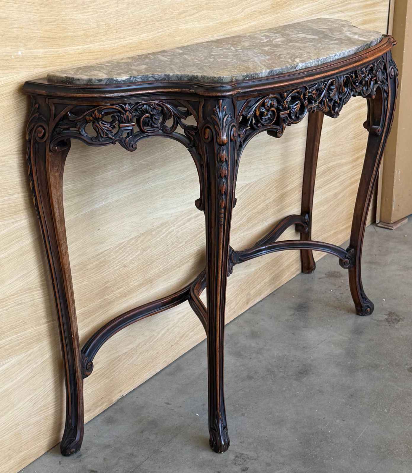 French Regency Carved Walnut Console Table With Polychrome Details And Marble To photo vinterior