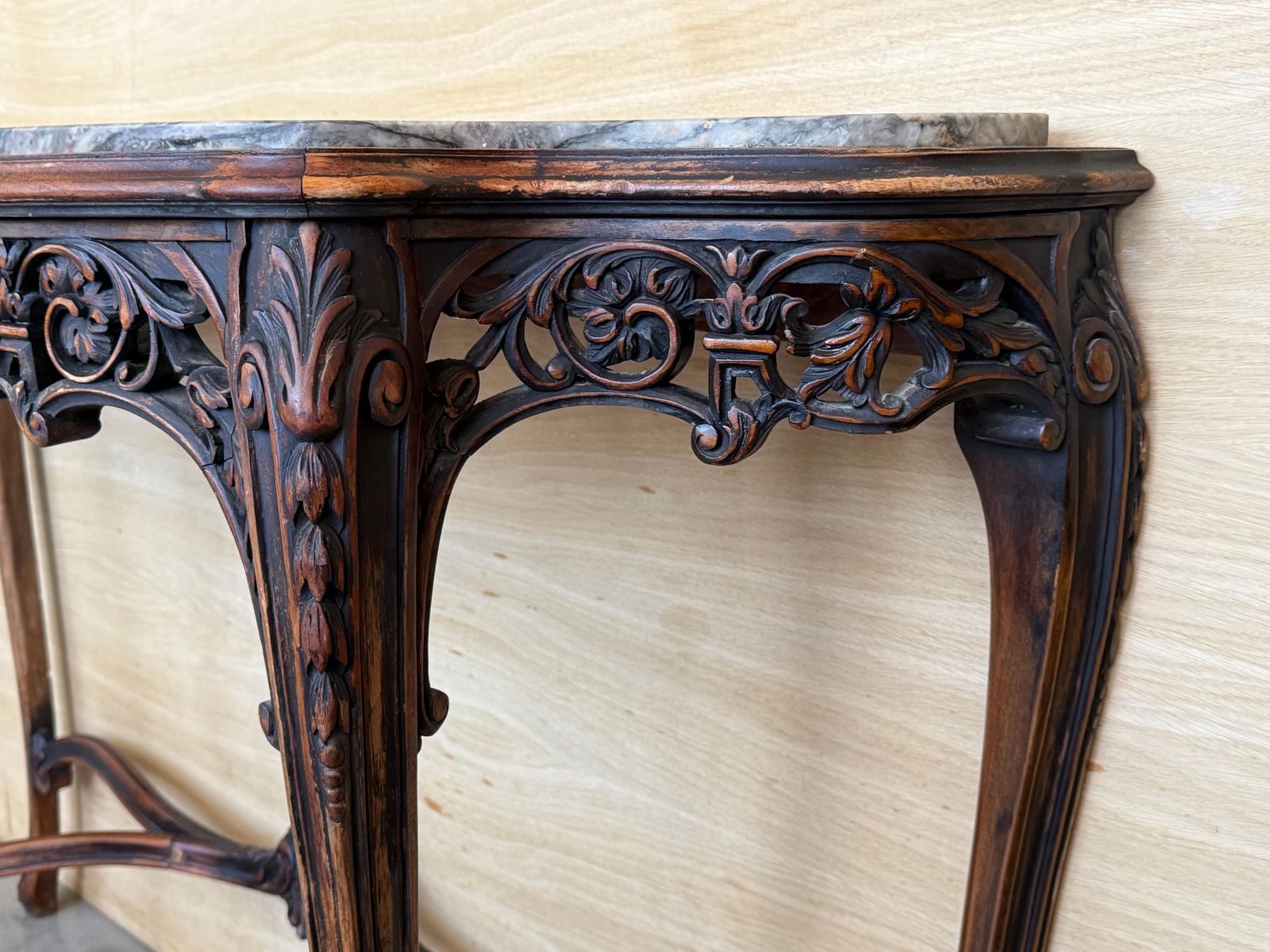 French Regency Carved Walnut Console Table With Polychrome Details And Marble To photo vintage