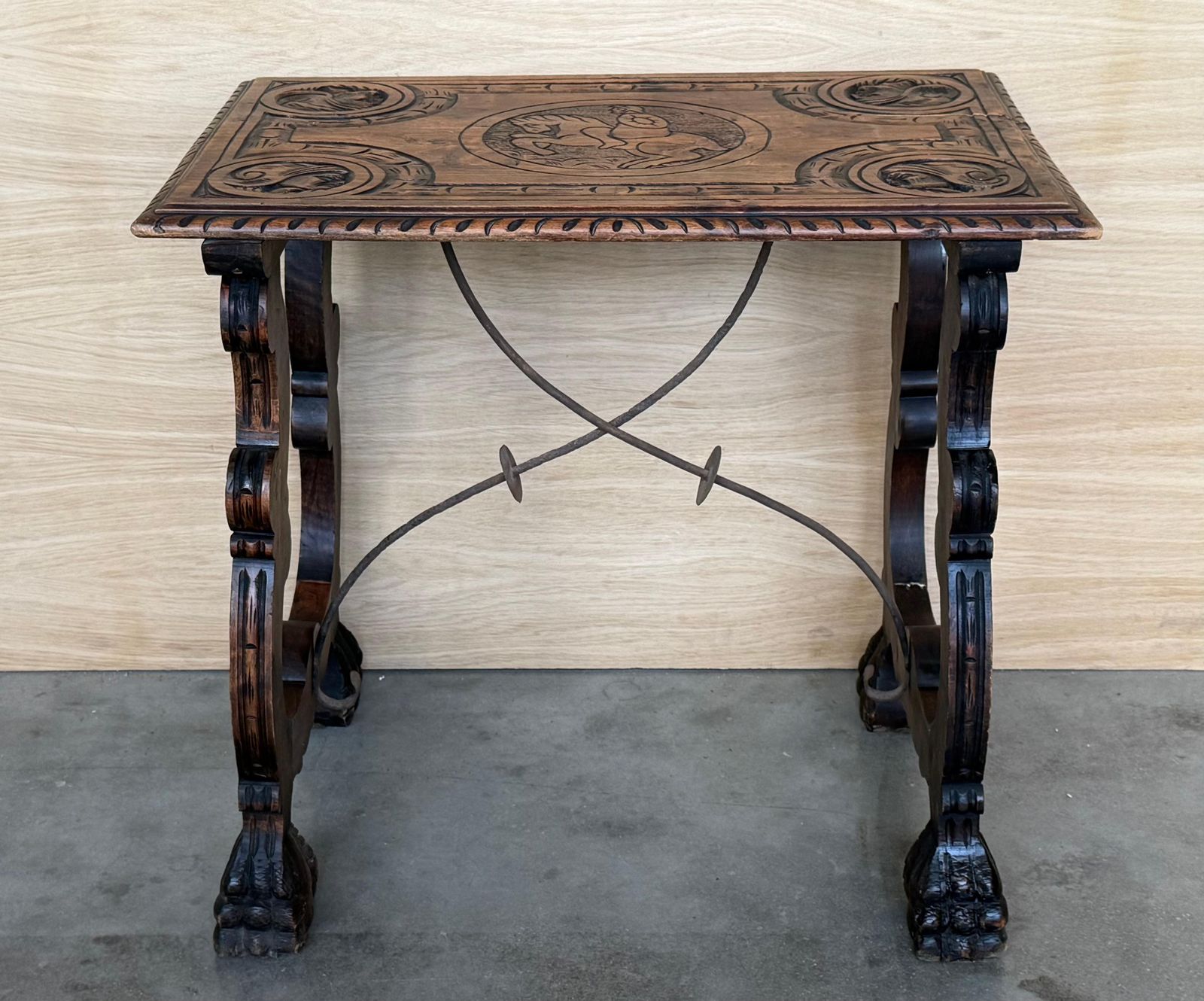 Side Table Of Walnut With Carved Lyre Legs And Top, Spanish, 19th Century photo furniture