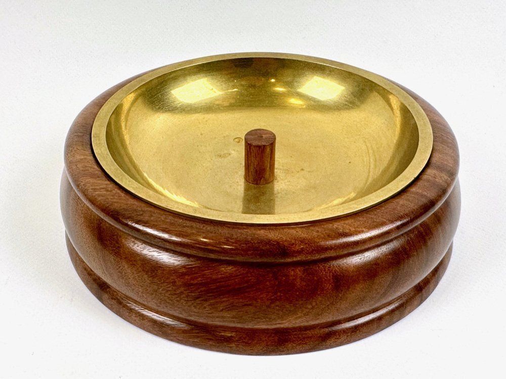 photo furniture Mid Century Round Walnut And Brass Pipe Ashtray From Duk It Mcdonald Buffalo, USA, 1950s