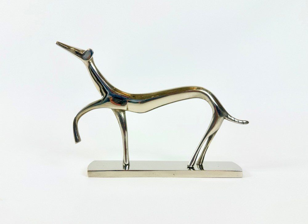 Art Deco White Brass Greyhound Figurine By Laszlo Hoenig, 1930s