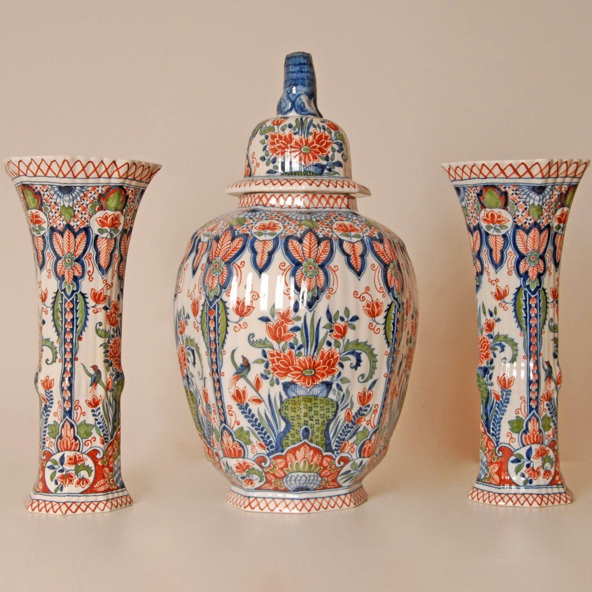 Polychrome Chinoiserie Delftware Garniture Vases, 1940s, Set Of 3
