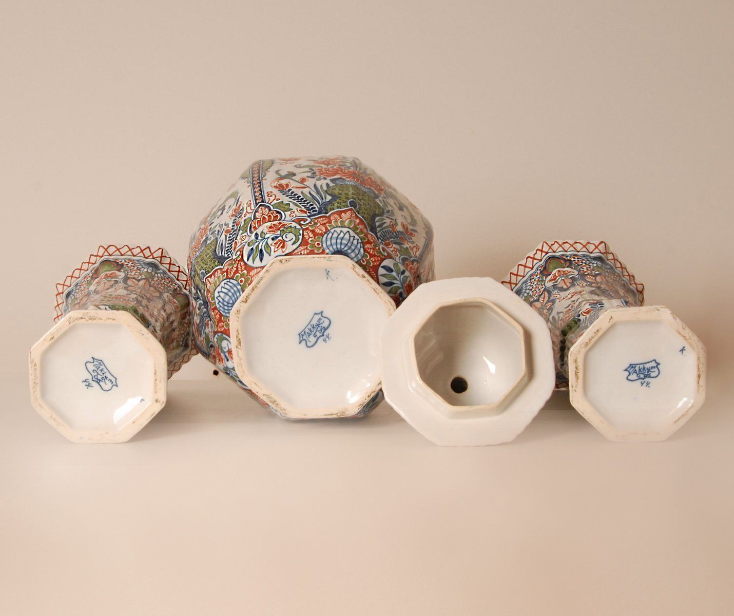 Polychrome Chinoiserie Delftware Garniture Vases, 1940s, Set Of 3 photo 3945.0