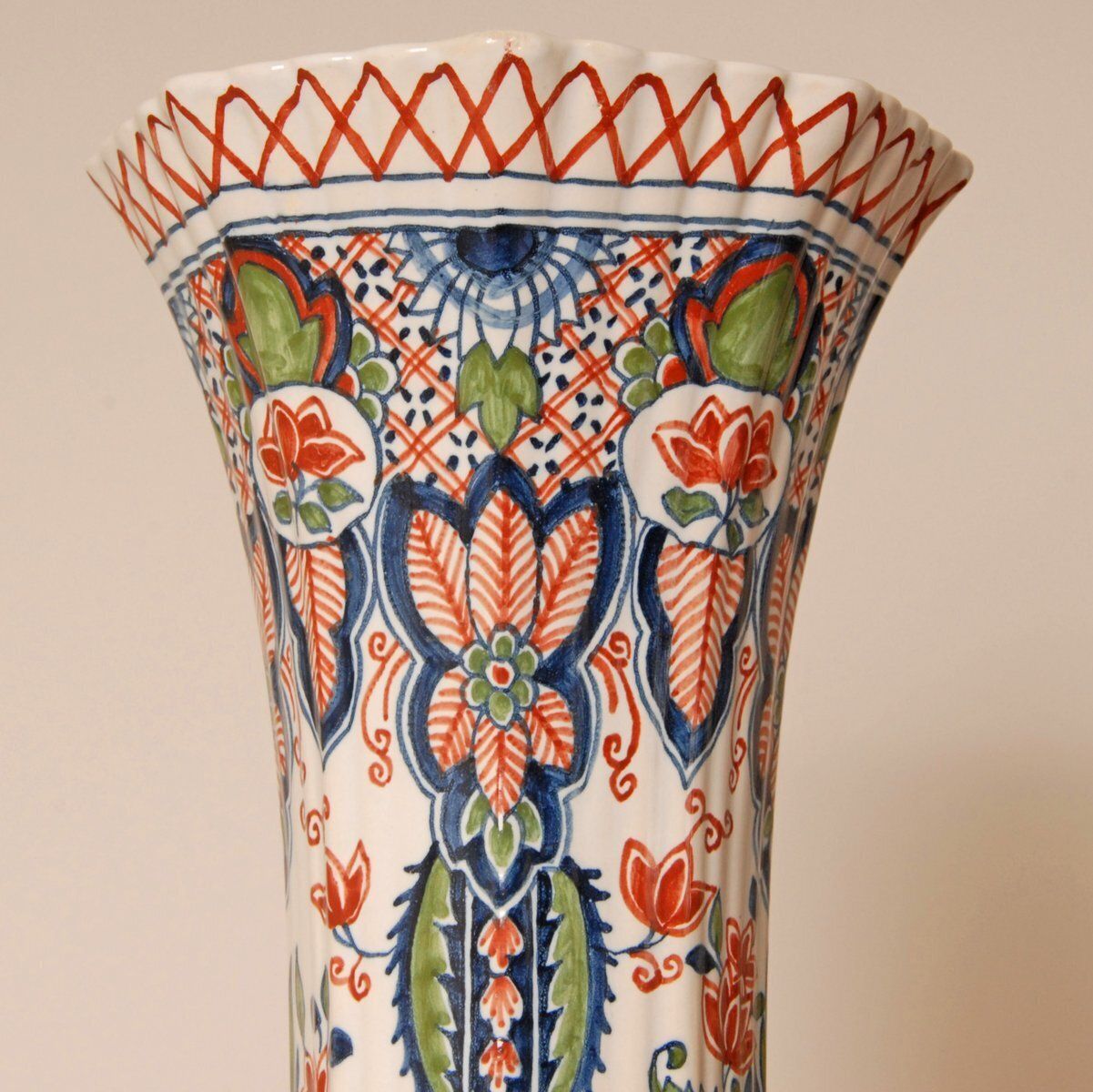 Polychrome Chinoiserie Delftware Garniture Vases, 1940s, Set Of 3 photo buy