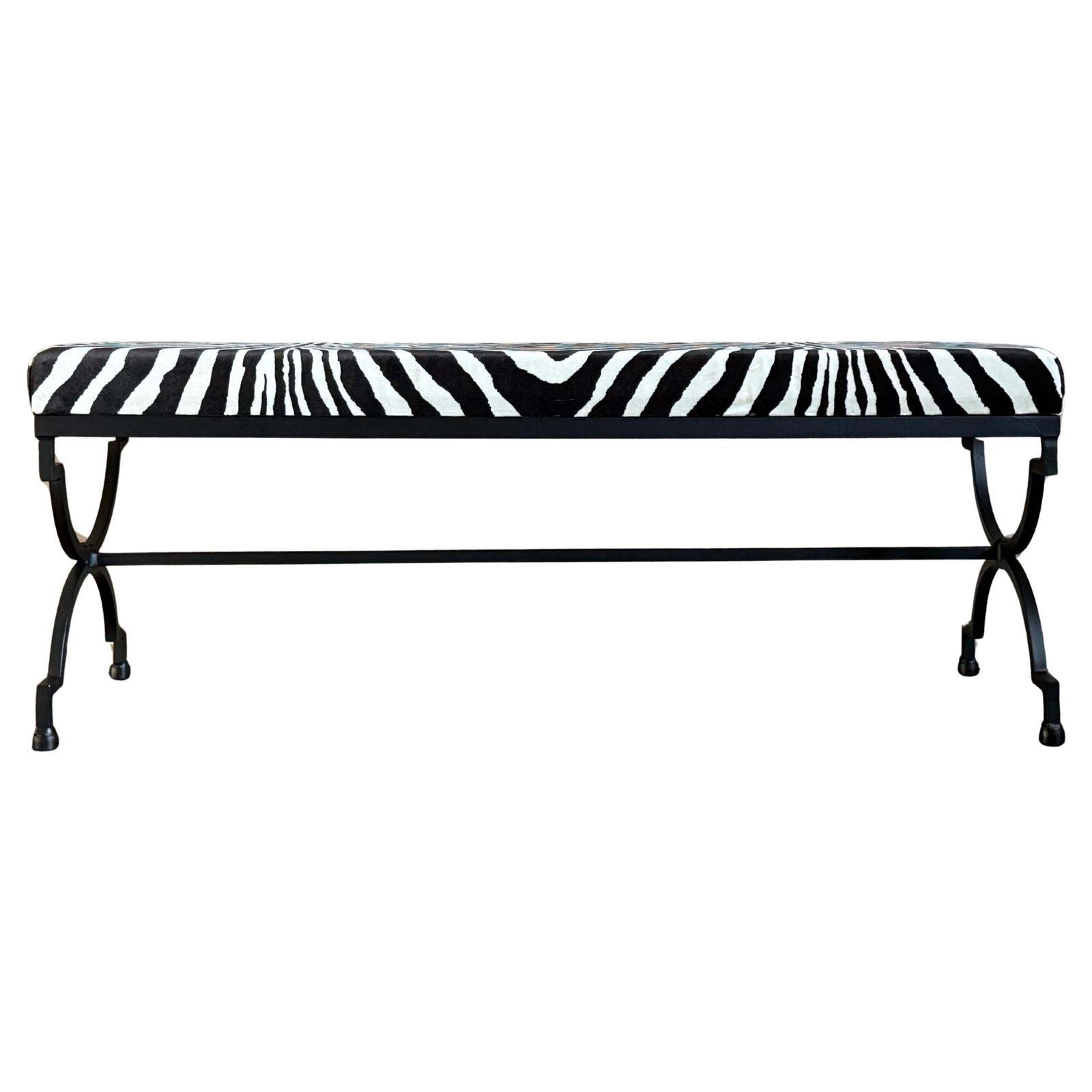 New Black Wrought Iron Curule Bench With Ralph Lauren Barlett Zebra Fabric photo furniture