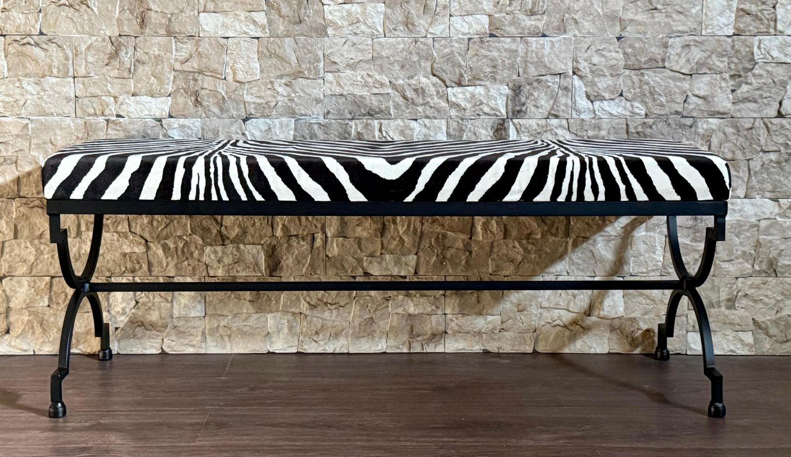 New Black Wrought Iron Curule Bench With Ralph Lauren Barlett Zebra Fabric photo for sale