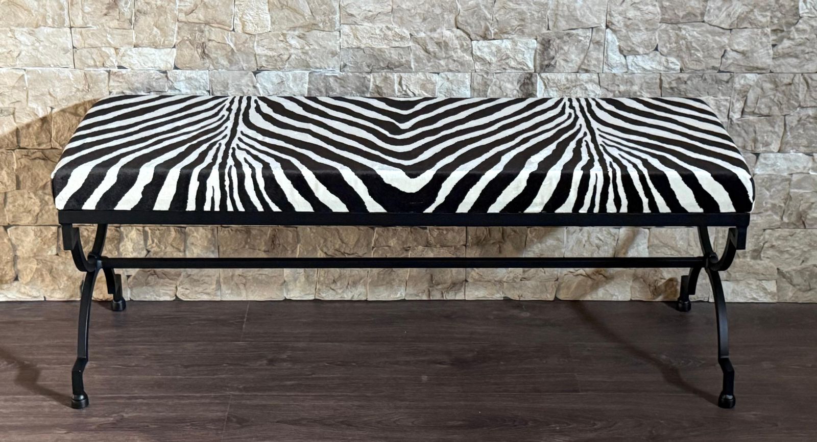 New Black Wrought Iron Curule Bench With Ralph Lauren Barlett Zebra Fabric photo Furniture