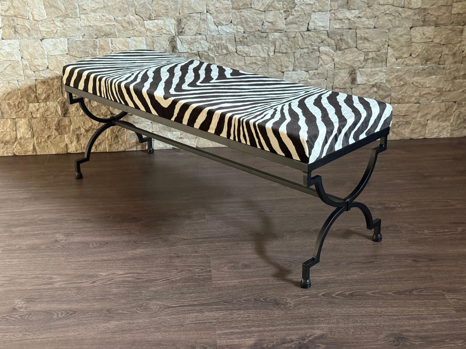 Furniture New Black Wrought Iron Curule Bench With Ralph Lauren Barlett Zebra Fabric photo