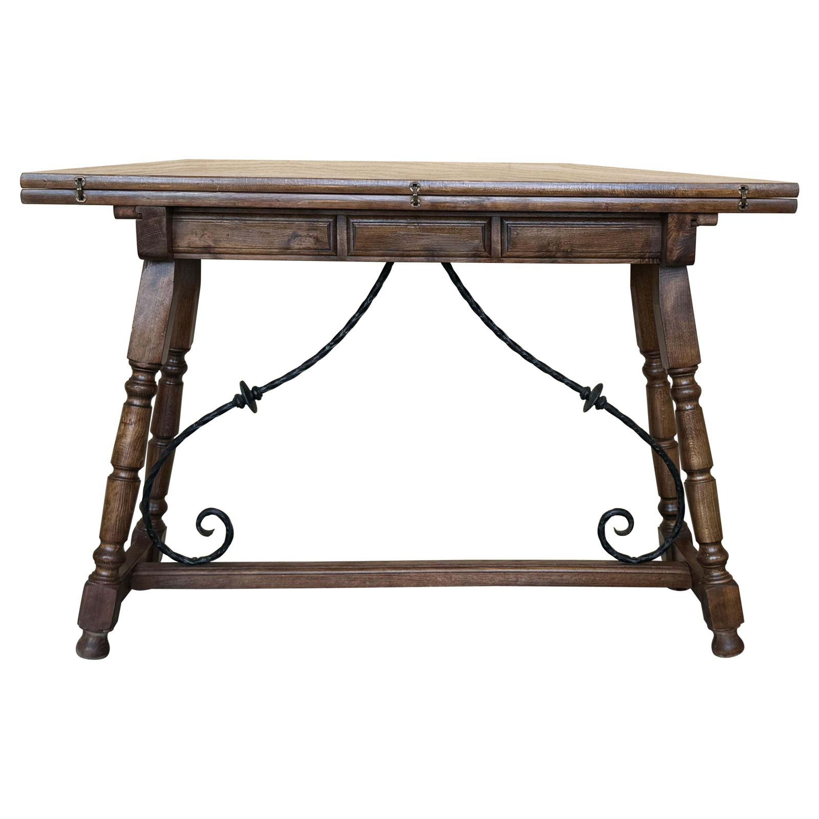Table console espagnole du XXe siècle à abattant, avec entretoise en bois