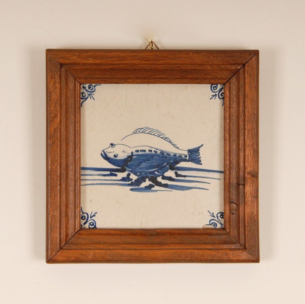 17th Century Baroque Framed Sea Creatures Monsters Tiles In Blue And White From Royal Delft, Set Of 4 photo Art