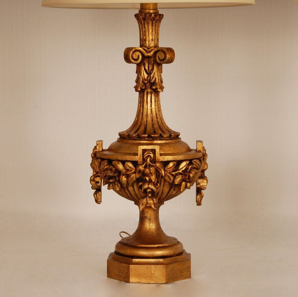photo furniture Neoclassical Italian Lamps In Carved Gold Giltwood, Set Of 2
