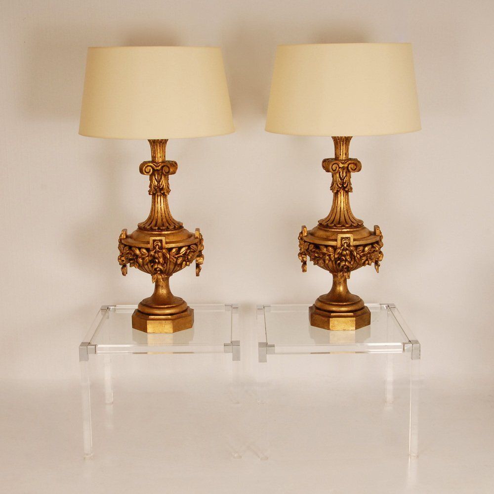 Lighting Neoclassical Italian Lamps In Carved Gold Giltwood, Set Of 2 photo