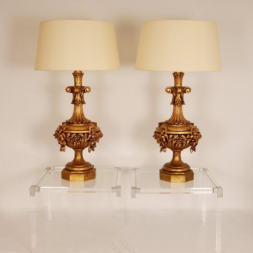 9295.0 Neoclassical Italian Lamps In Carved Gold Giltwood, Set Of 2 photo