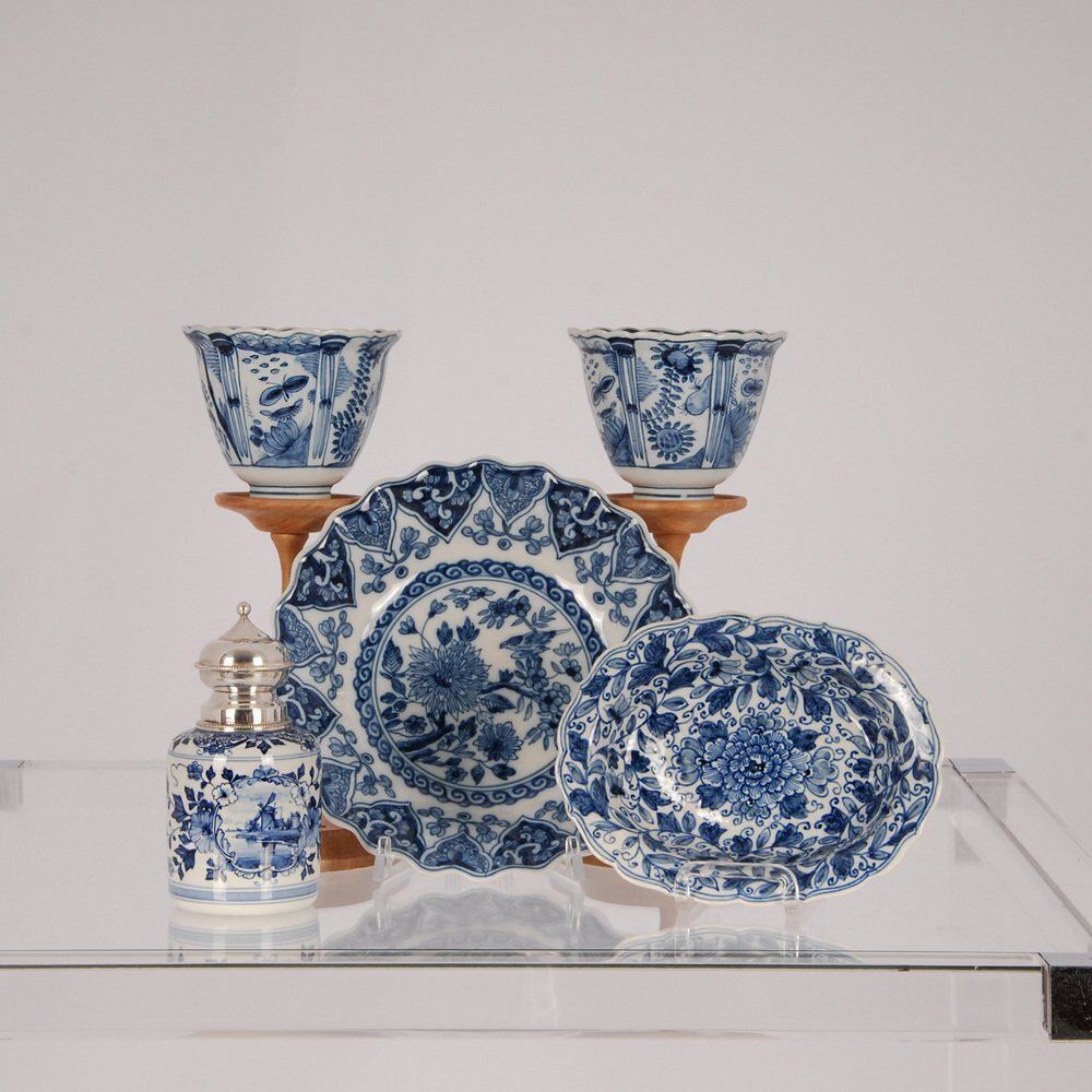 Dutch Blue And White Delftware Plates, Tea Caddy & Wanli Crow Cups, 1950s, Set Of 5 photo 602.0
