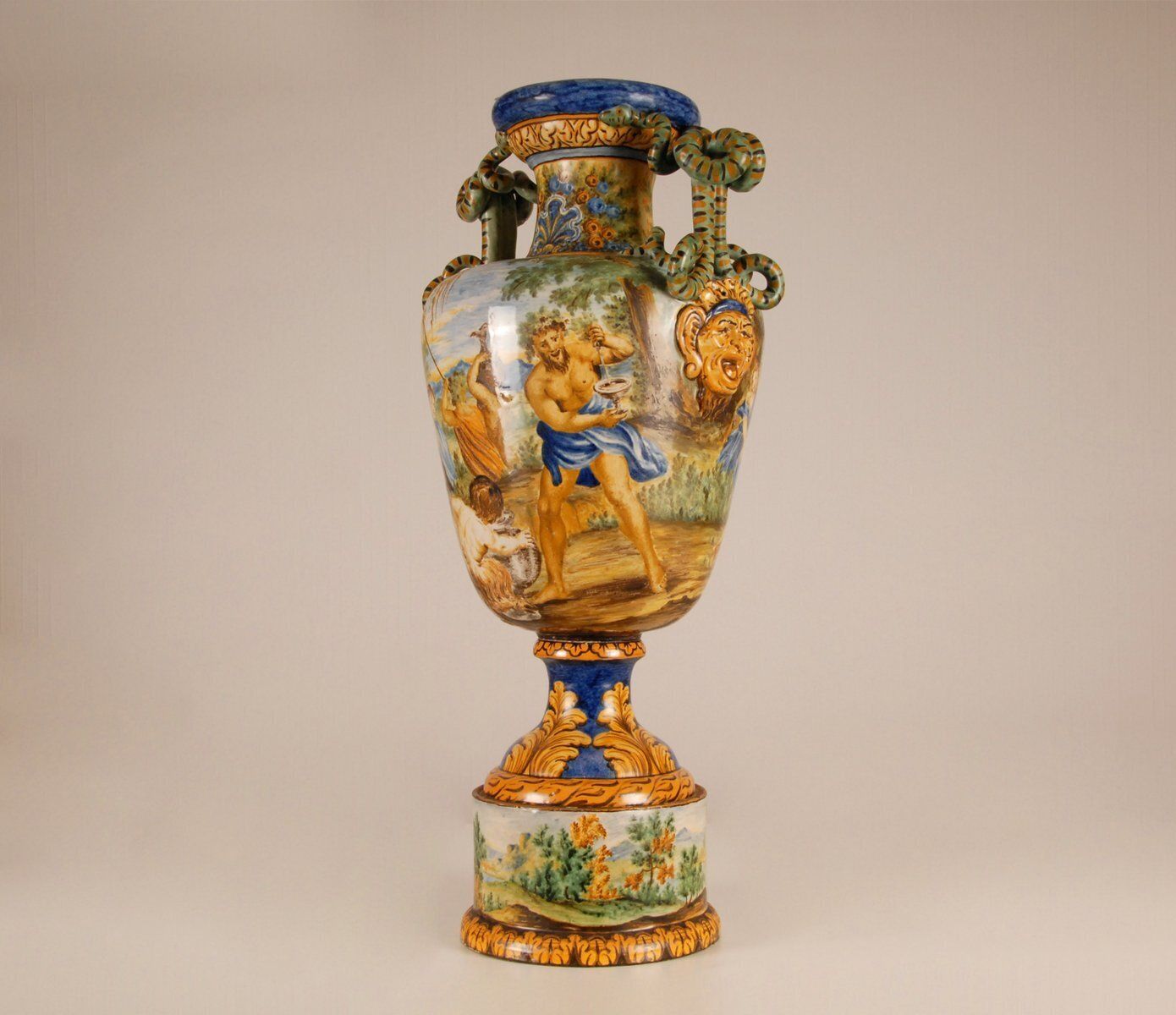 7546.0 Tall Italian Majolica Serpentine Handles Vase With Separate Base Depicting Mythological Scene By Annibale Carracci, Farnese Gallery, Rome, 1597 photo