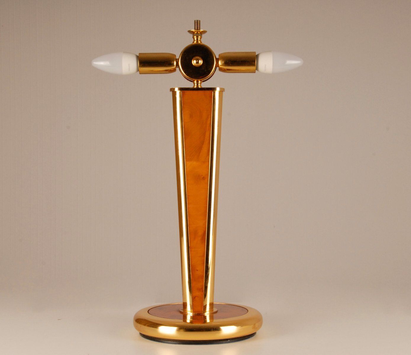 Milo Baughman Style Gilt Brass & Burl Wood Mushroom Table Lamp With Handcrafted Glass Lampshade, 1960s photo 3456.0