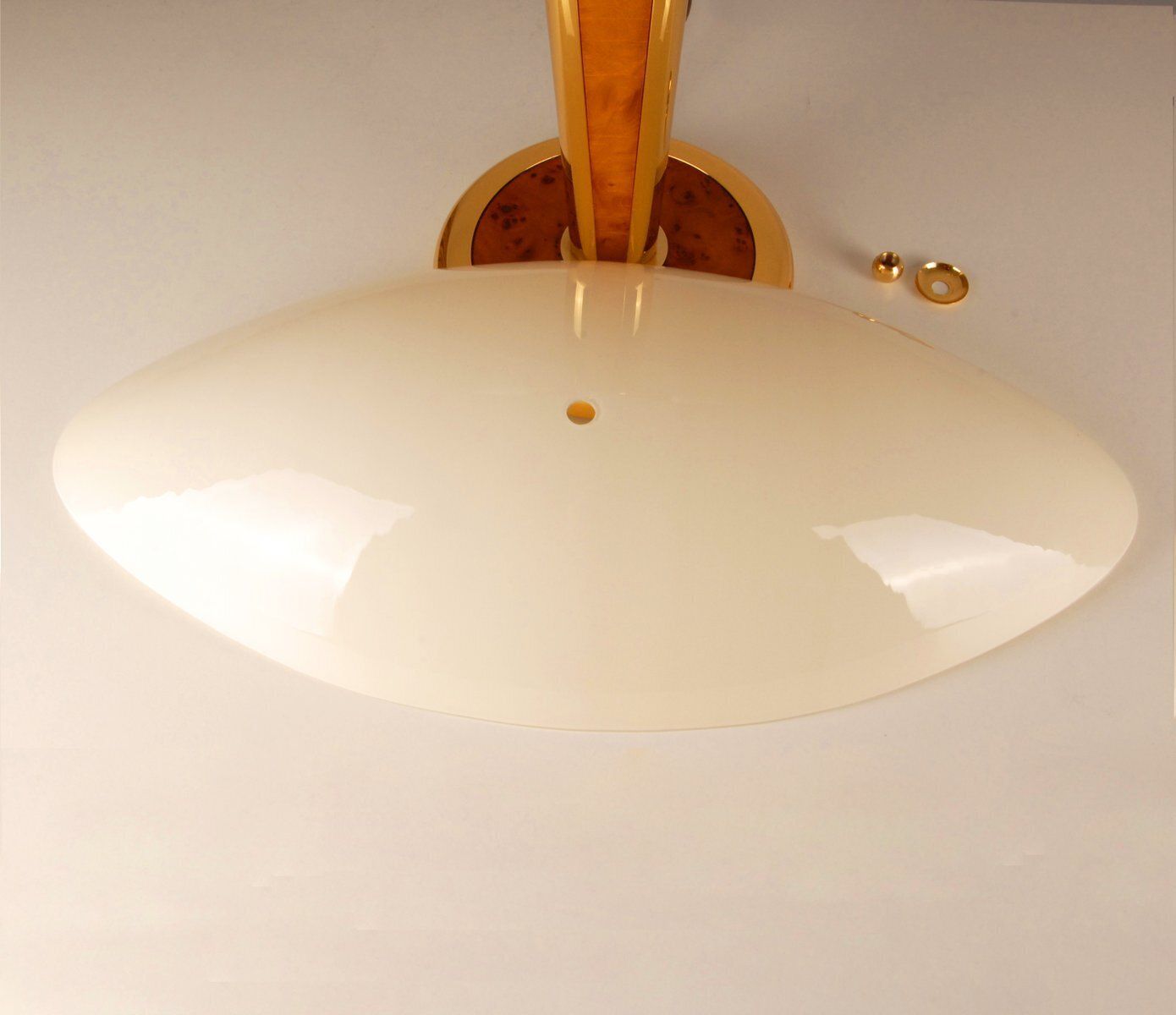 Milo Baughman Style Gilt Brass & Burl Wood Mushroom Table Lamp With Handcrafted Glass Lampshade, 1960s photo vinterior