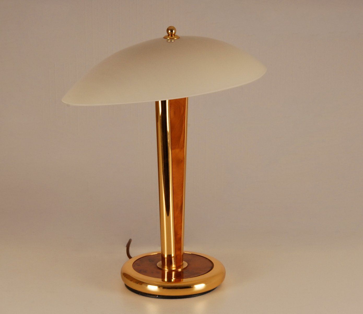 Milo Baughman Style Gilt Brass & Burl Wood Mushroom Table Lamp With Handcrafted Glass Lampshade, 1960s photo buy