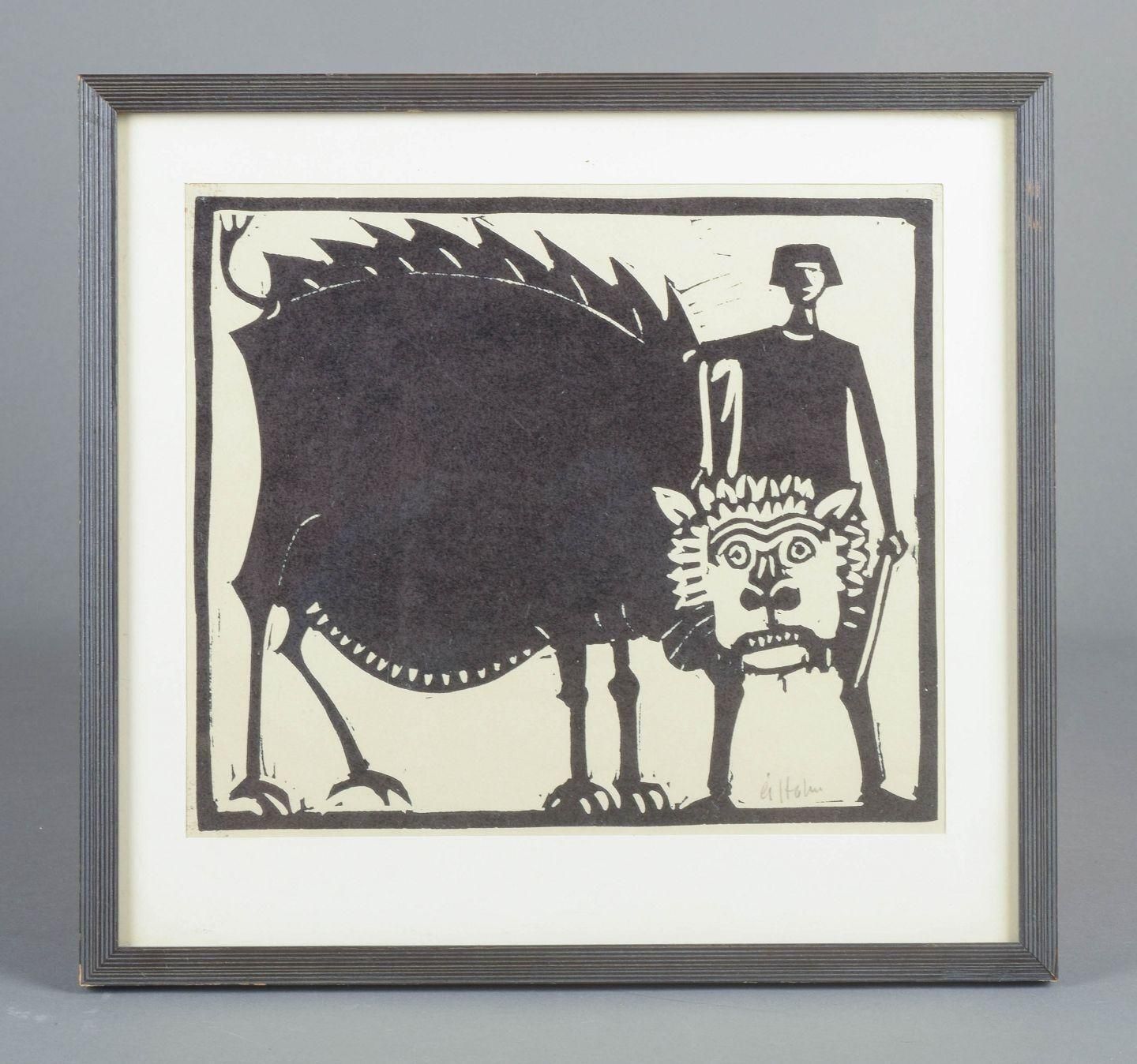 åke Holm, Sweden. Woodcut On Paper. Daniel In The Lion’s Den, 1970s. photo furniture