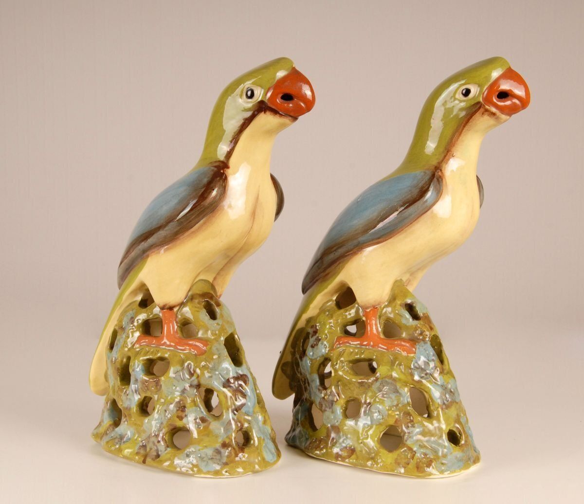 Large Chinese Ming Style Ceramic Parrot Figurines, 1970s, Set Of 2 photo 876.0