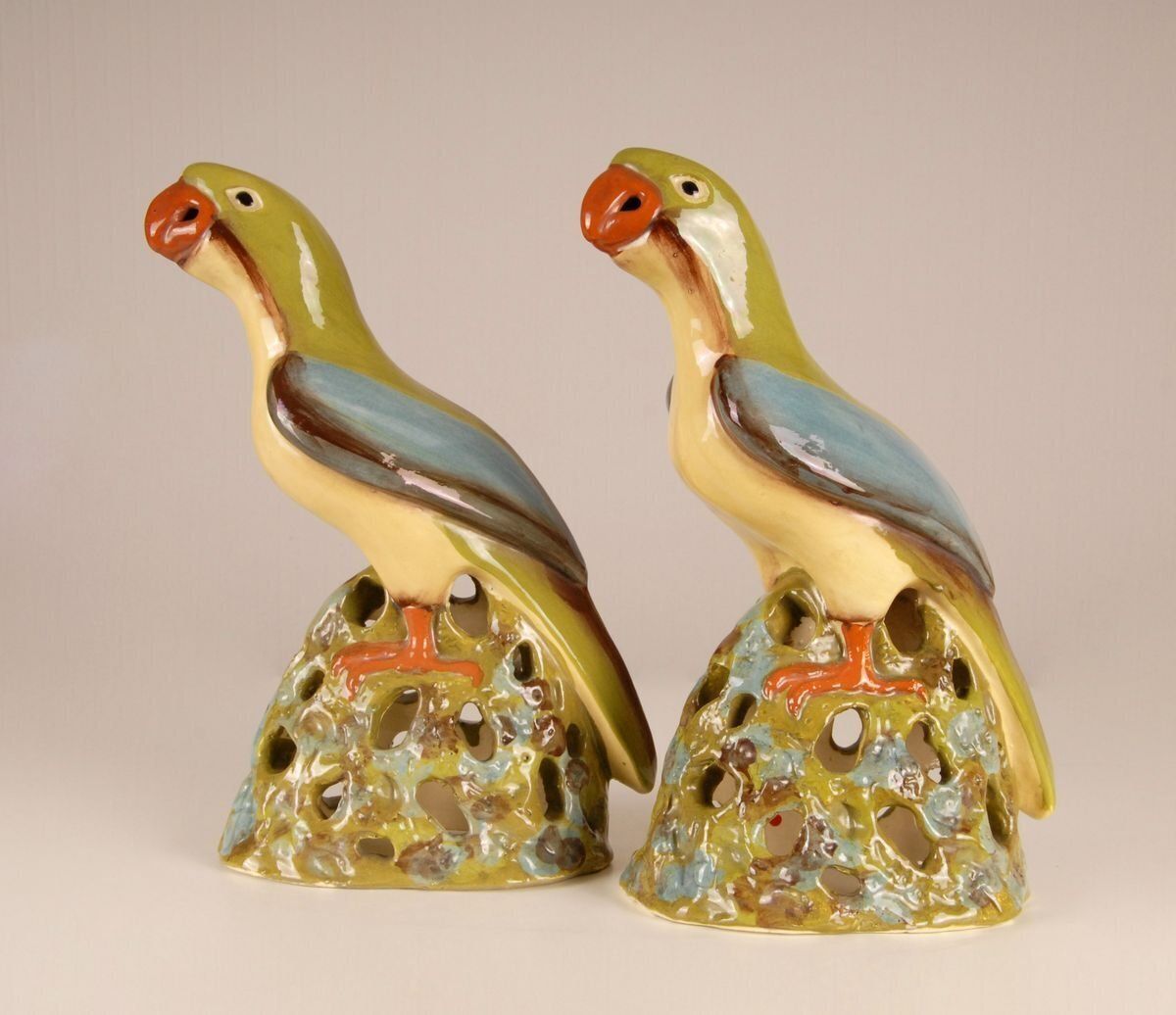 Large Chinese Ming Style Ceramic Parrot Figurines, 1970s, Set Of 2 photo vintage
