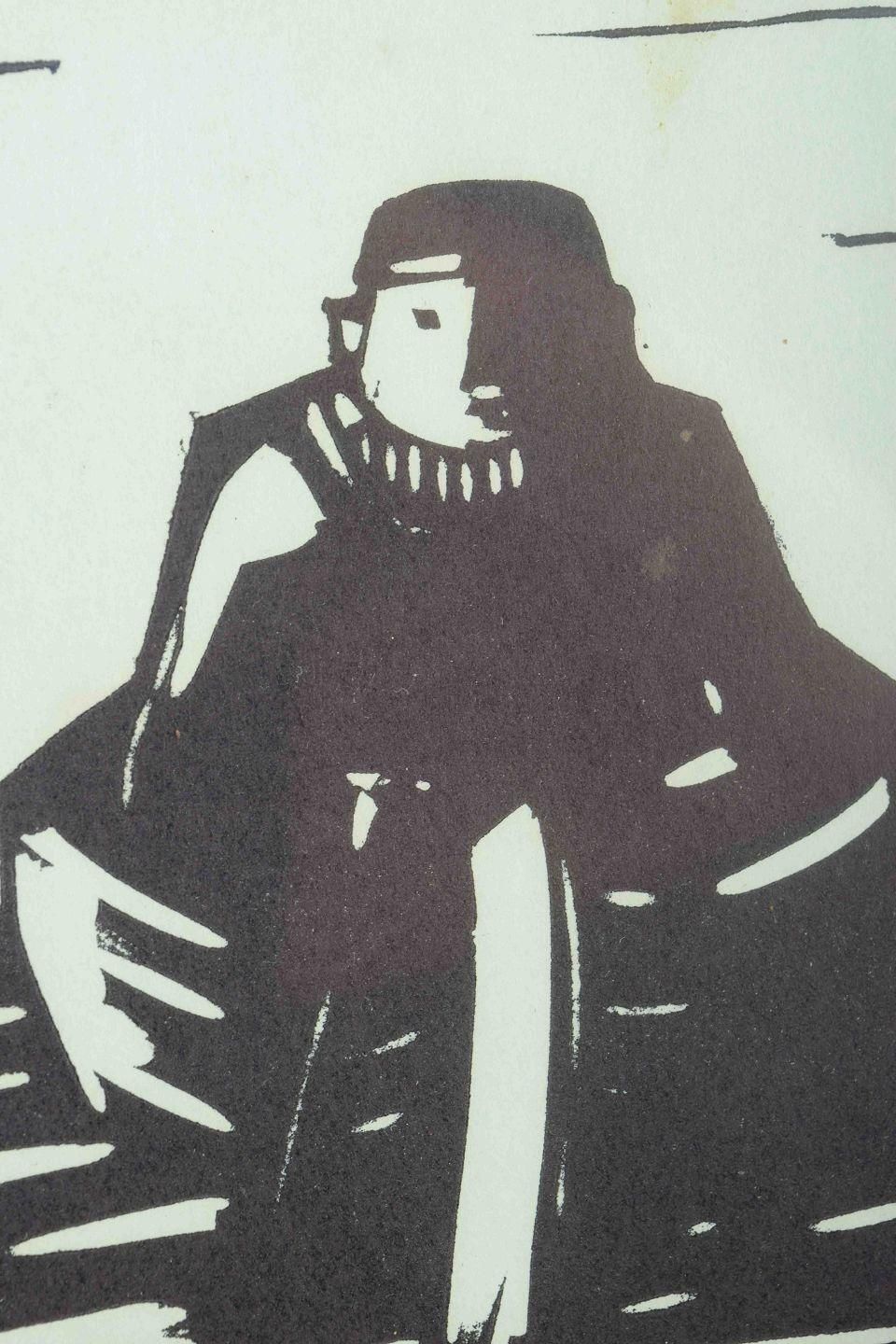åke Holm. Woodcut On Paper. Biblical Motif: Man In A Boat. Mid 20th C. photo for sale