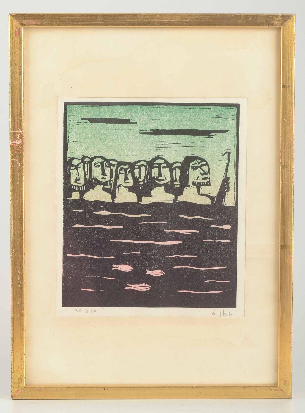 åke Holm. Woodcut On Paper. Biblical Motif With Group Of Figures By Water. photo furniture