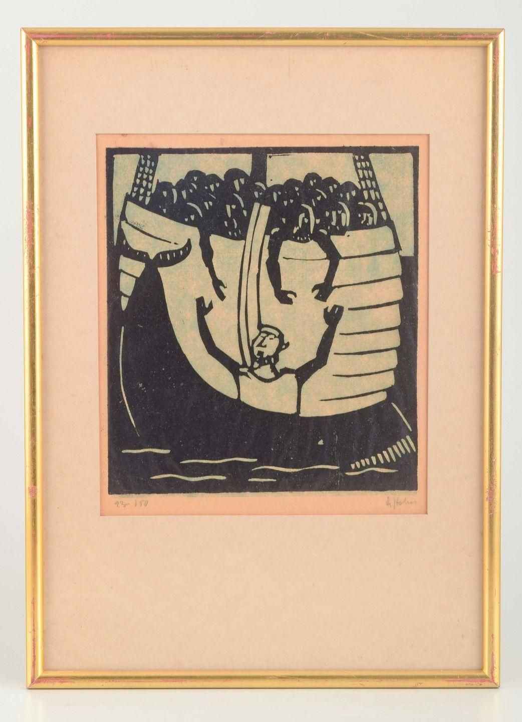 åke Holm. Woodcut On Paper. Jonah And The Whale. Mid 20th C. photo furniture