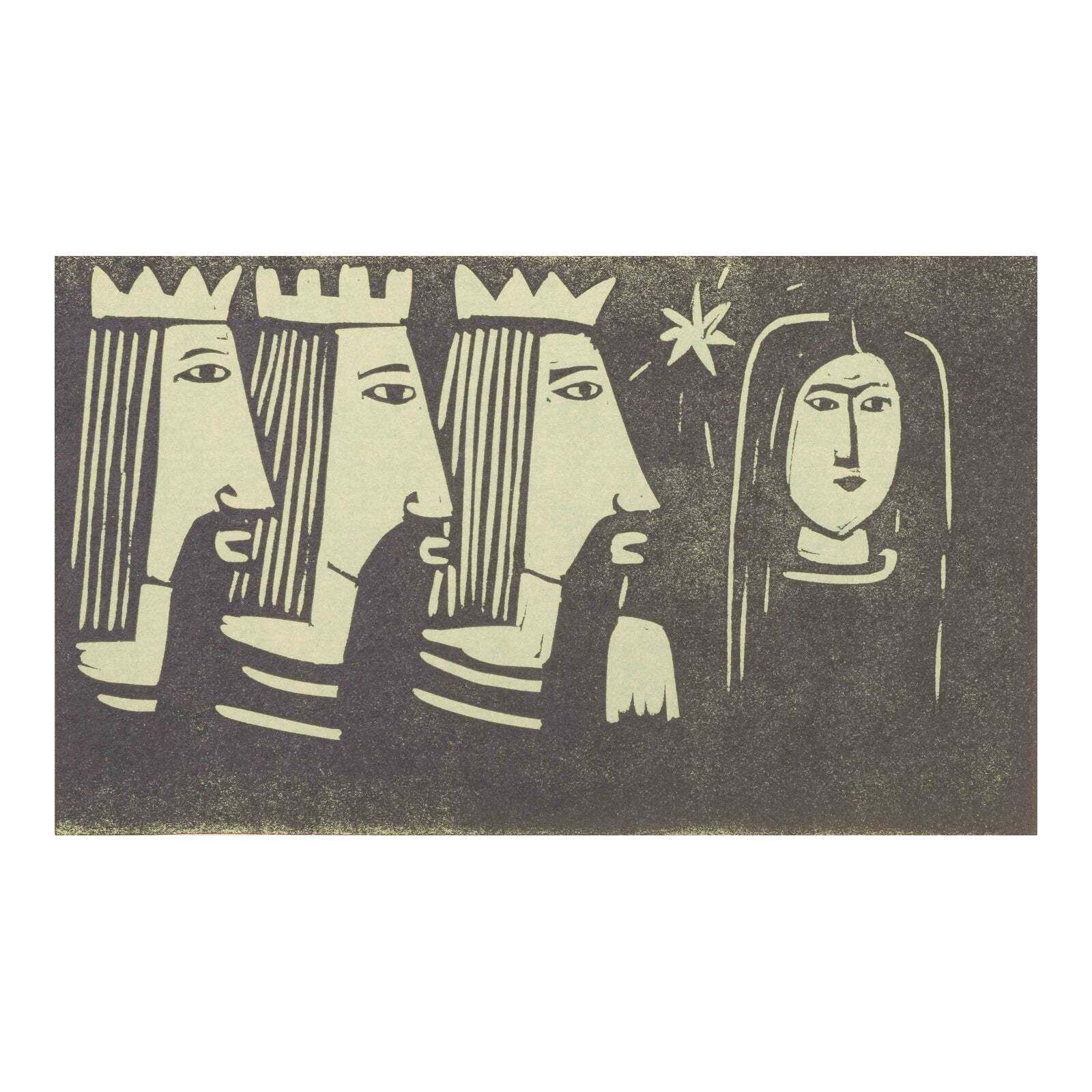 åke Holm, Sweden. Black And White Woodcut. Three Wise Men And Virgin Mary.