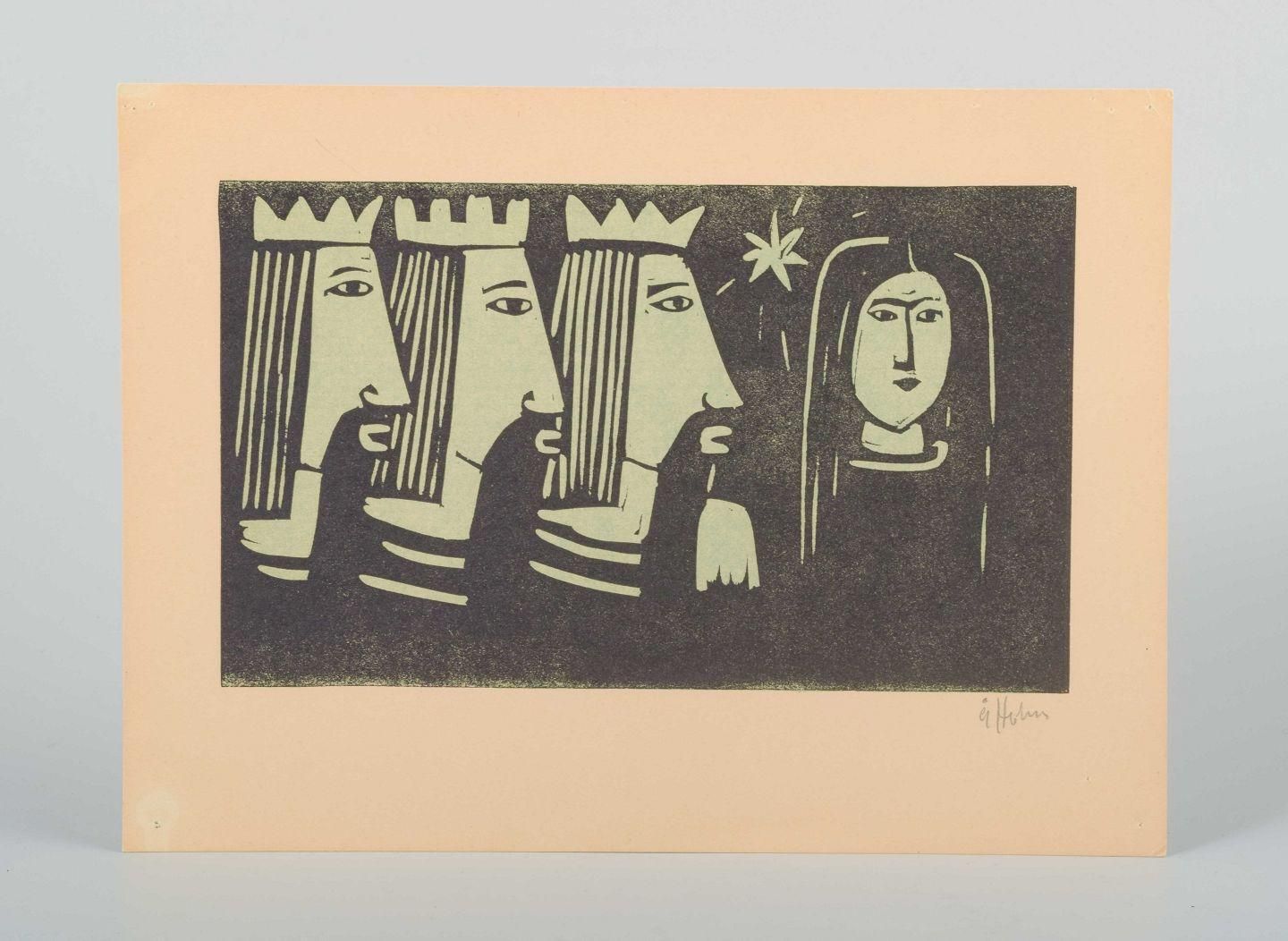 åke Holm, Sweden. Black And White Woodcut. Three Wise Men And Virgin Mary. photo furniture