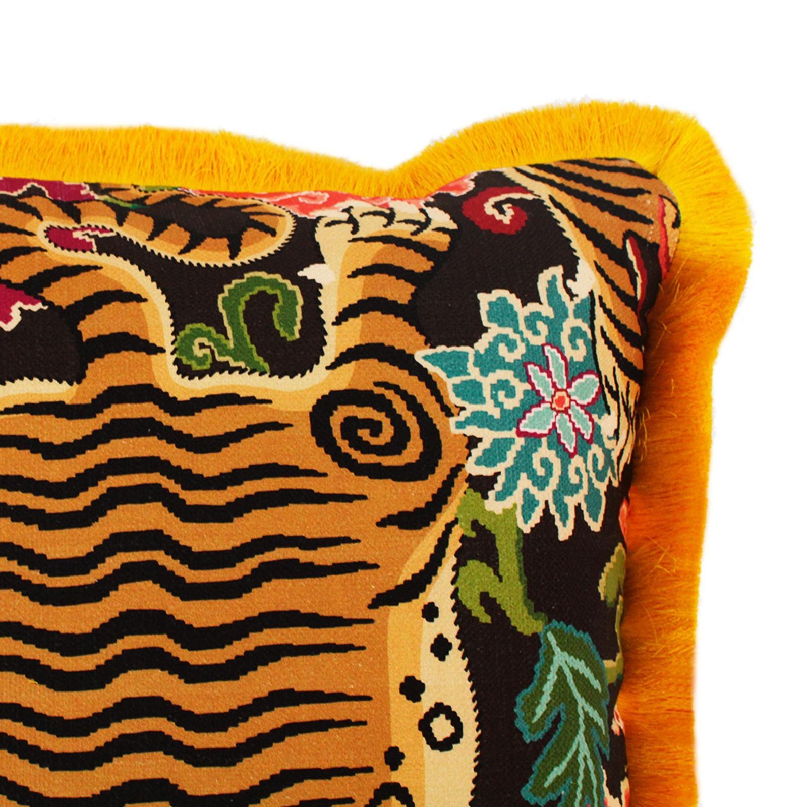 Contemporary Golden And Brown Cotton And Silk Fringe Tiger Pair Of Pillows photo Textiles
