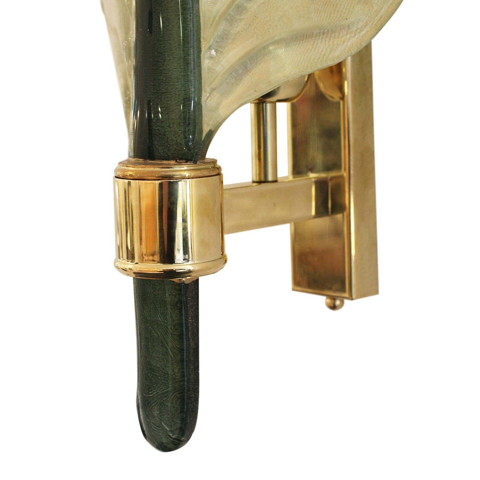 Mid Modern Style Pair Of Green Leaf Murano Glass And Brass Italian Wall Sconces photo buy
