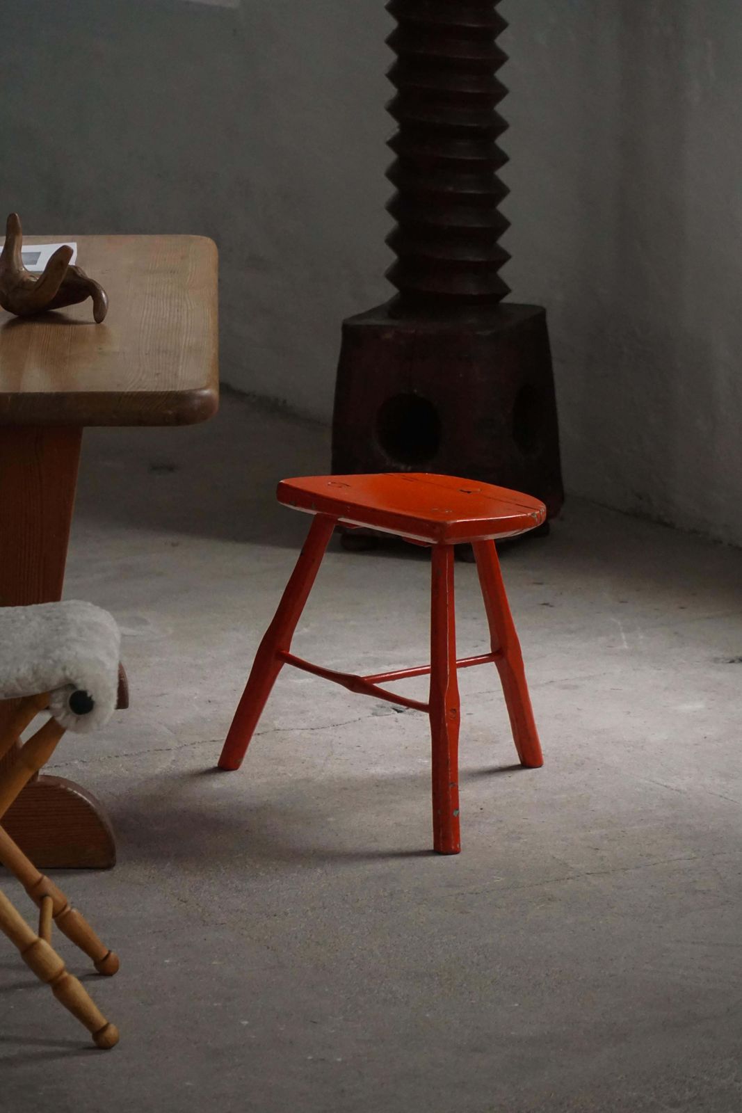 Pair Of Patinated Red Painted Wooden Stools With Splayed Legs, 1950s–1960s photo furniture