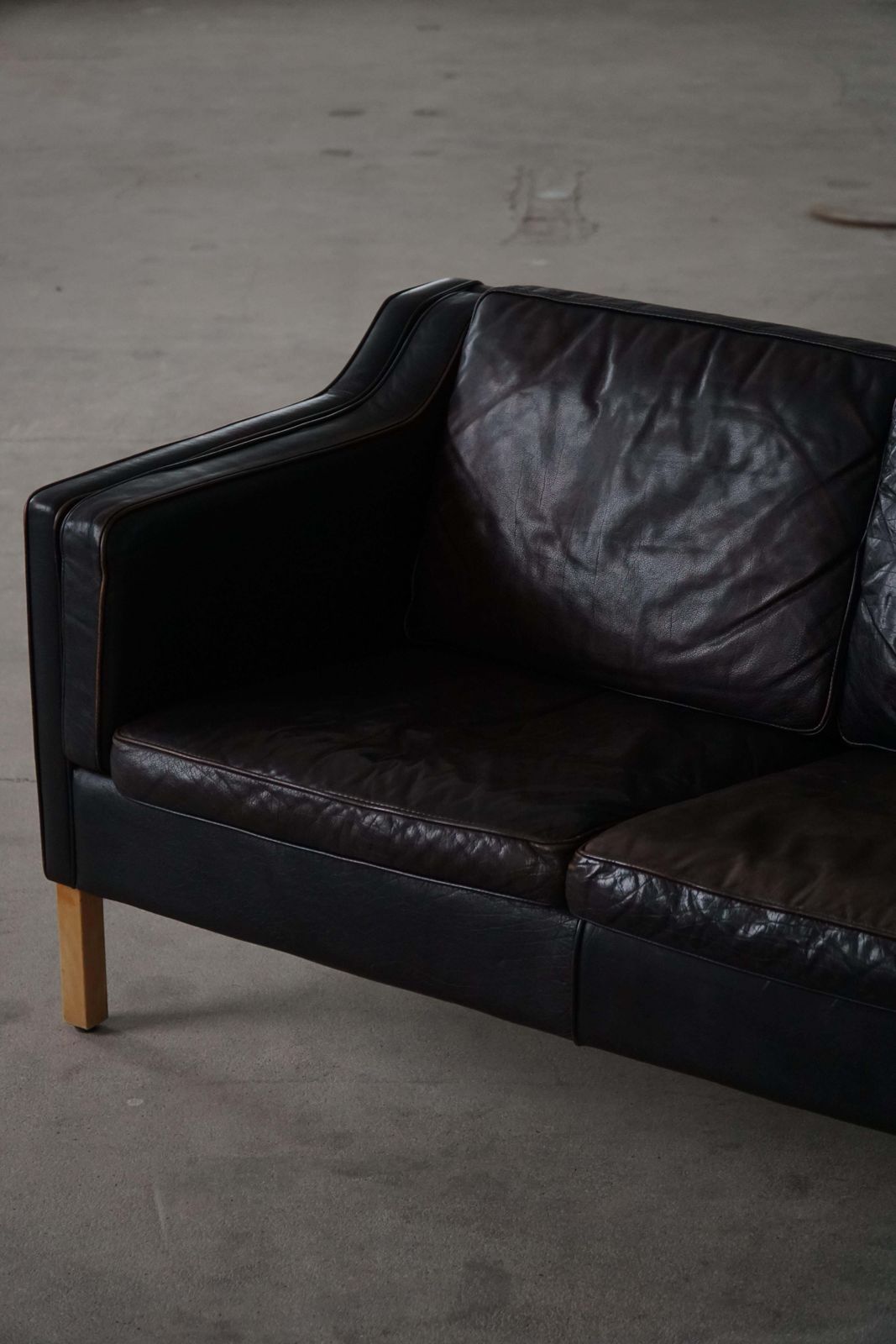 photo for sale Mogens Hansen, Mid Century 2 Seater Sofa, Patinated Black Leather, 1970s