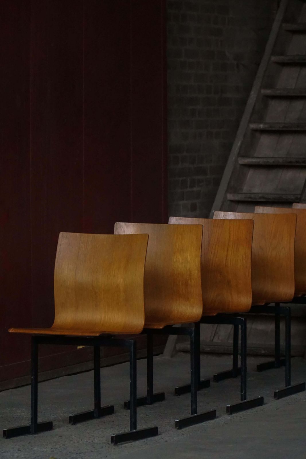 Set Of 6 Industrial Stackable Chairs By Niels Larsen, Black Metal & Oak, 1960s photo furniture
