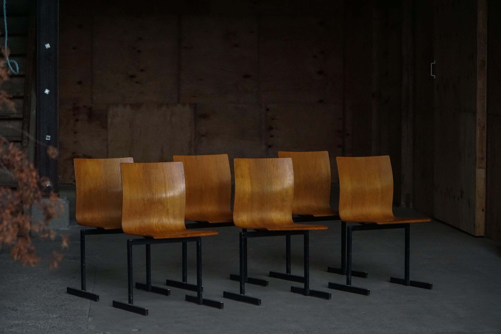 photo for sale Set Of 6 Industrial Stackable Chairs By Niels Larsen, Black Metal & Oak, 1960s