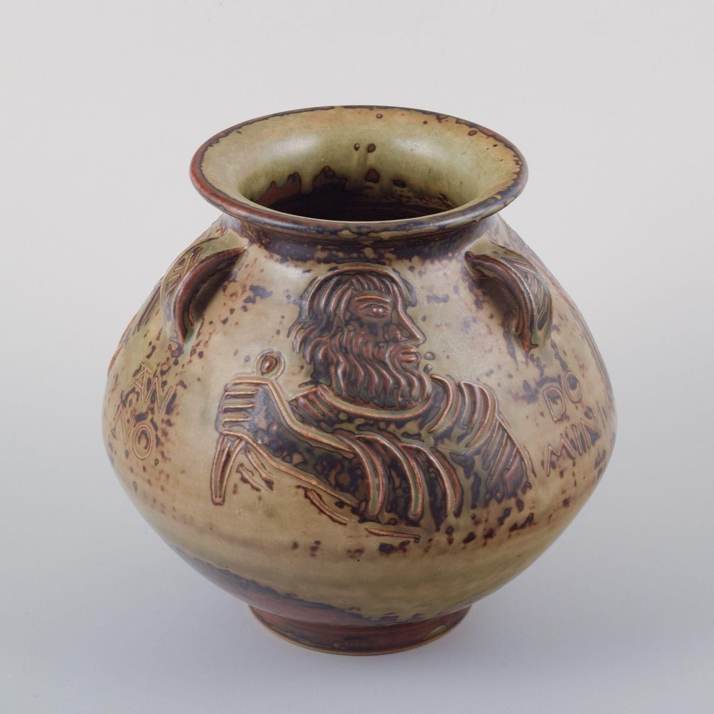 Jais Nielsen, Royal Copenhagen. Ceramic Vase In Sung Glaze With Religious Motif photo furniture