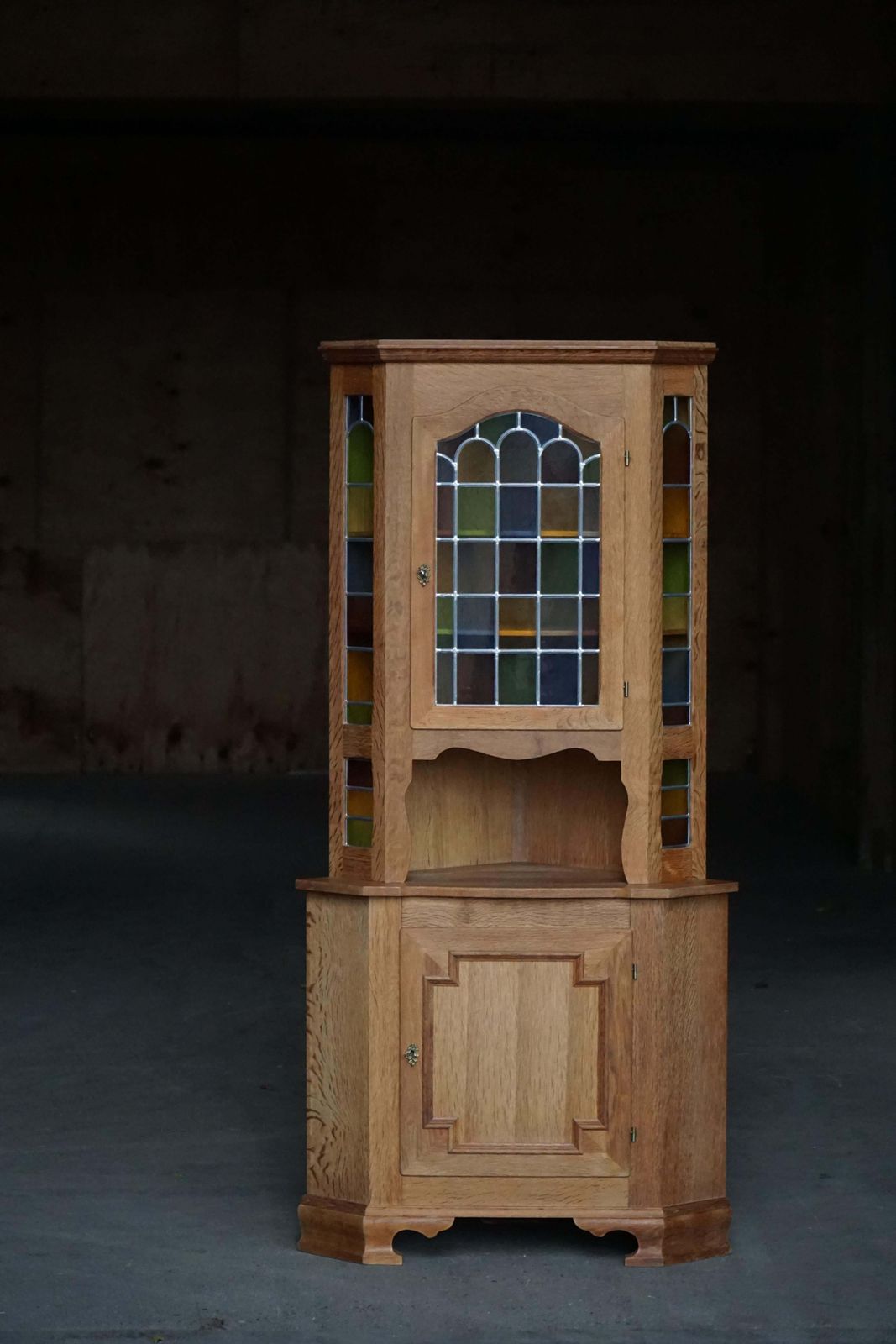 Danish Mid Century, Oak Corner Cabinet With Leaded Stained Glass, 1940s photo furniture