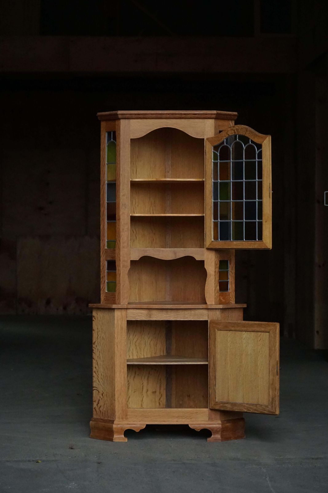 Danish Mid Century, Oak Corner Cabinet With Leaded Stained Glass, 1940s photo for sale