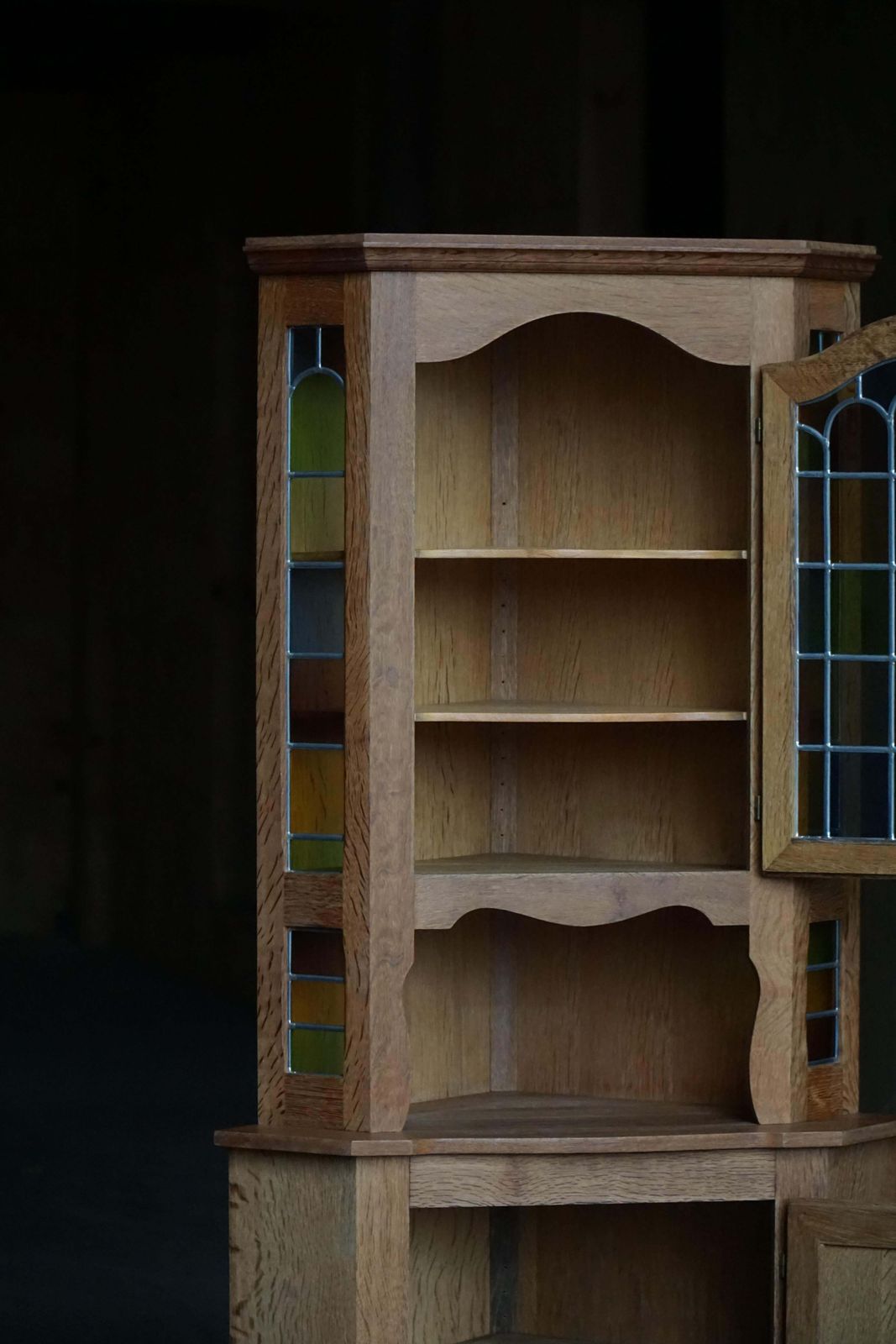 Furniture Danish Mid Century, Oak Corner Cabinet With Leaded Stained Glass, 1940s photo