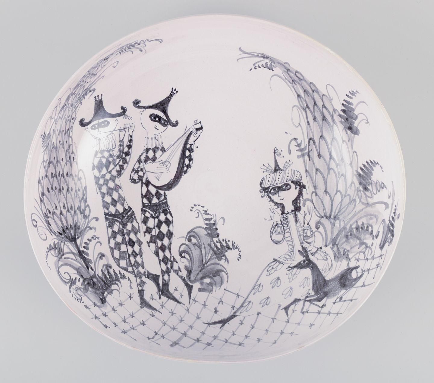Bjørn Wiinblad. Large, Early Earthenware Bowl. Motif Of Harlequins And Princess. photo for sale