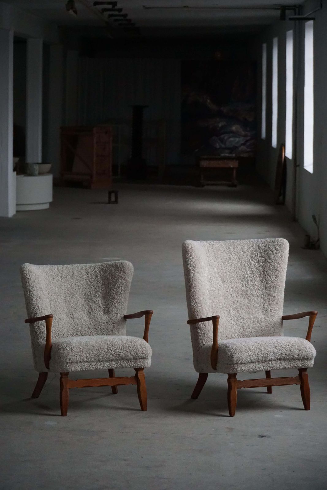 Furniture Viggo Boesen, Highback Chair In Oak & Shearling Lambswool, Danish Modern, 1950s photo