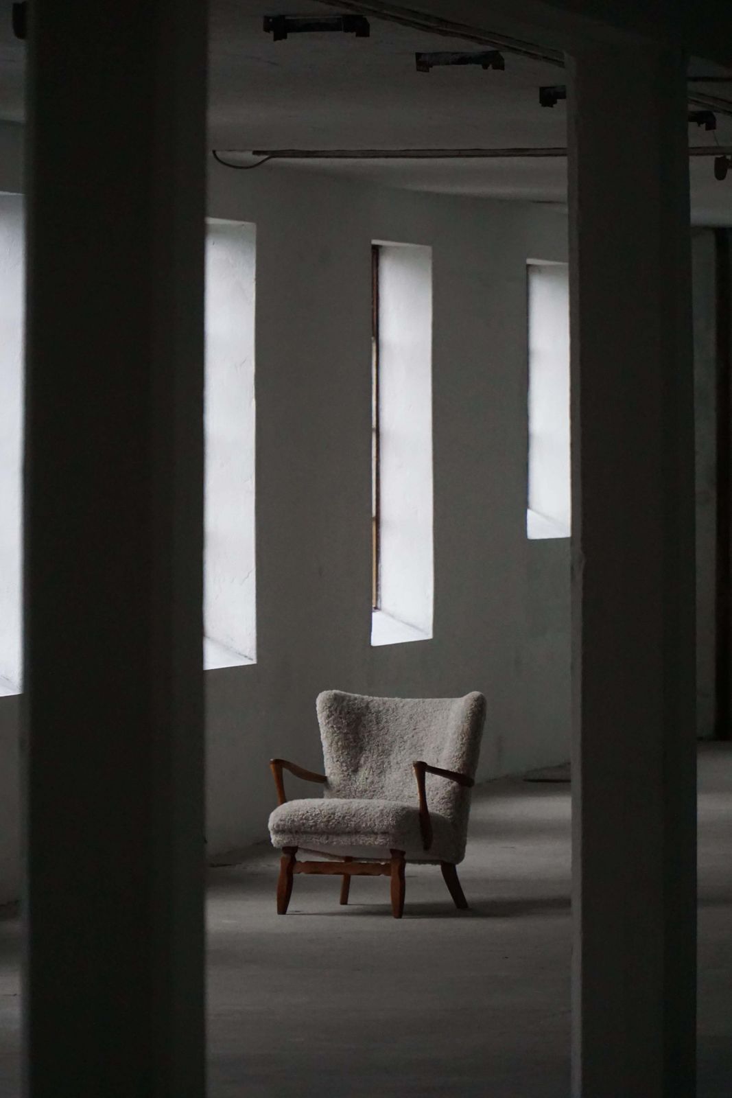photo buy Viggo Boesen, Lounge Chair In Oak & Shearling Lambswool, Danish Modern, 1950s