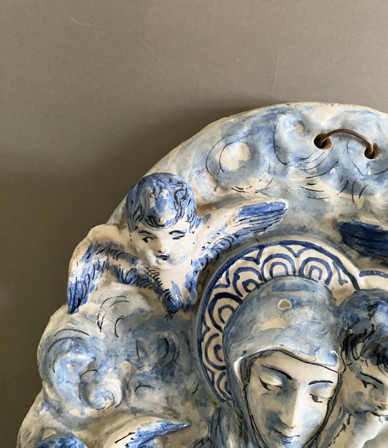 Italy Mid 20th Century White And Blue Pottery Holy Water Font With Little Angels photo for sale
