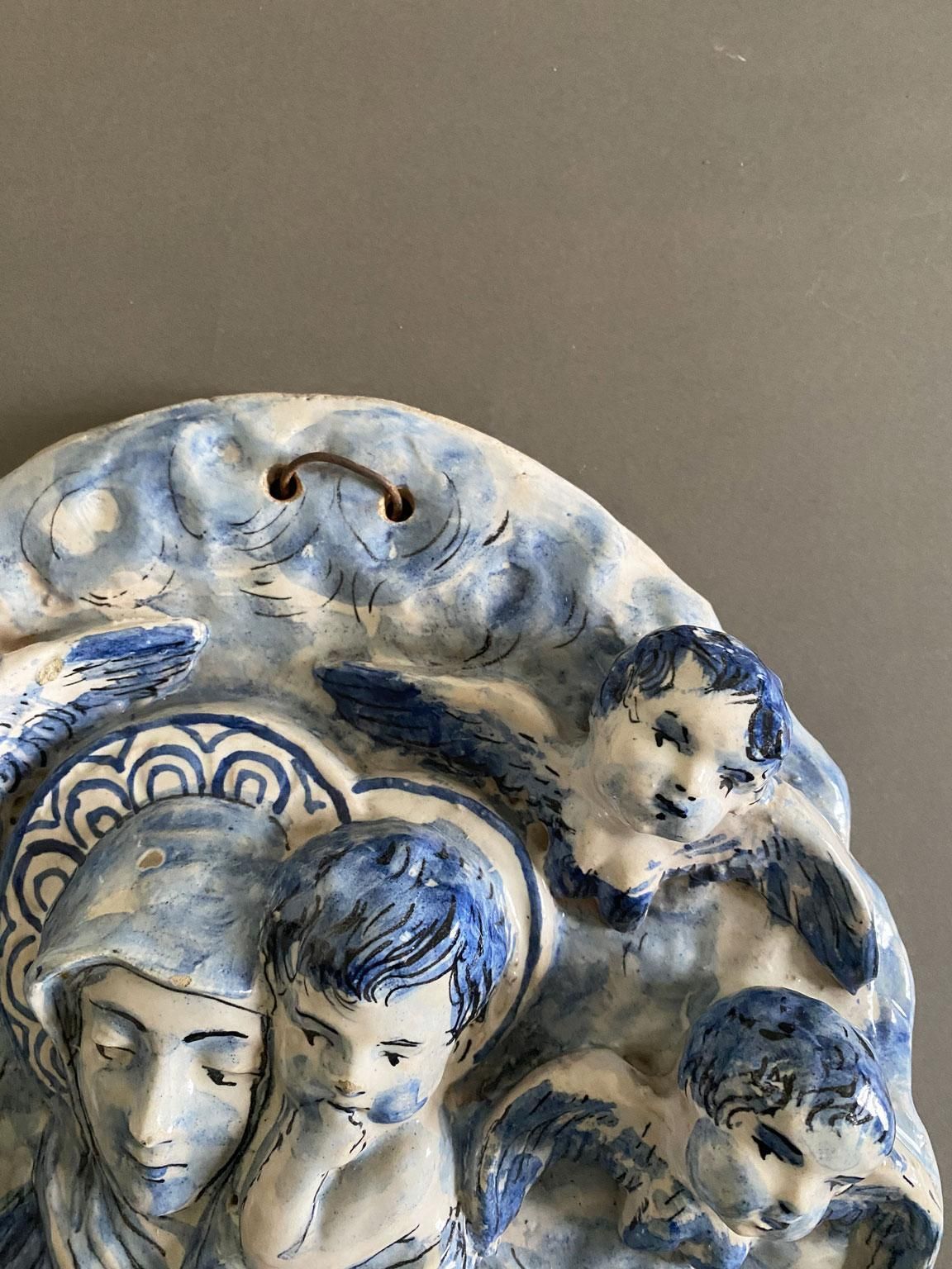 Italy Mid 20th Century White And Blue Pottery Holy Water Font With Little Angels photo Art