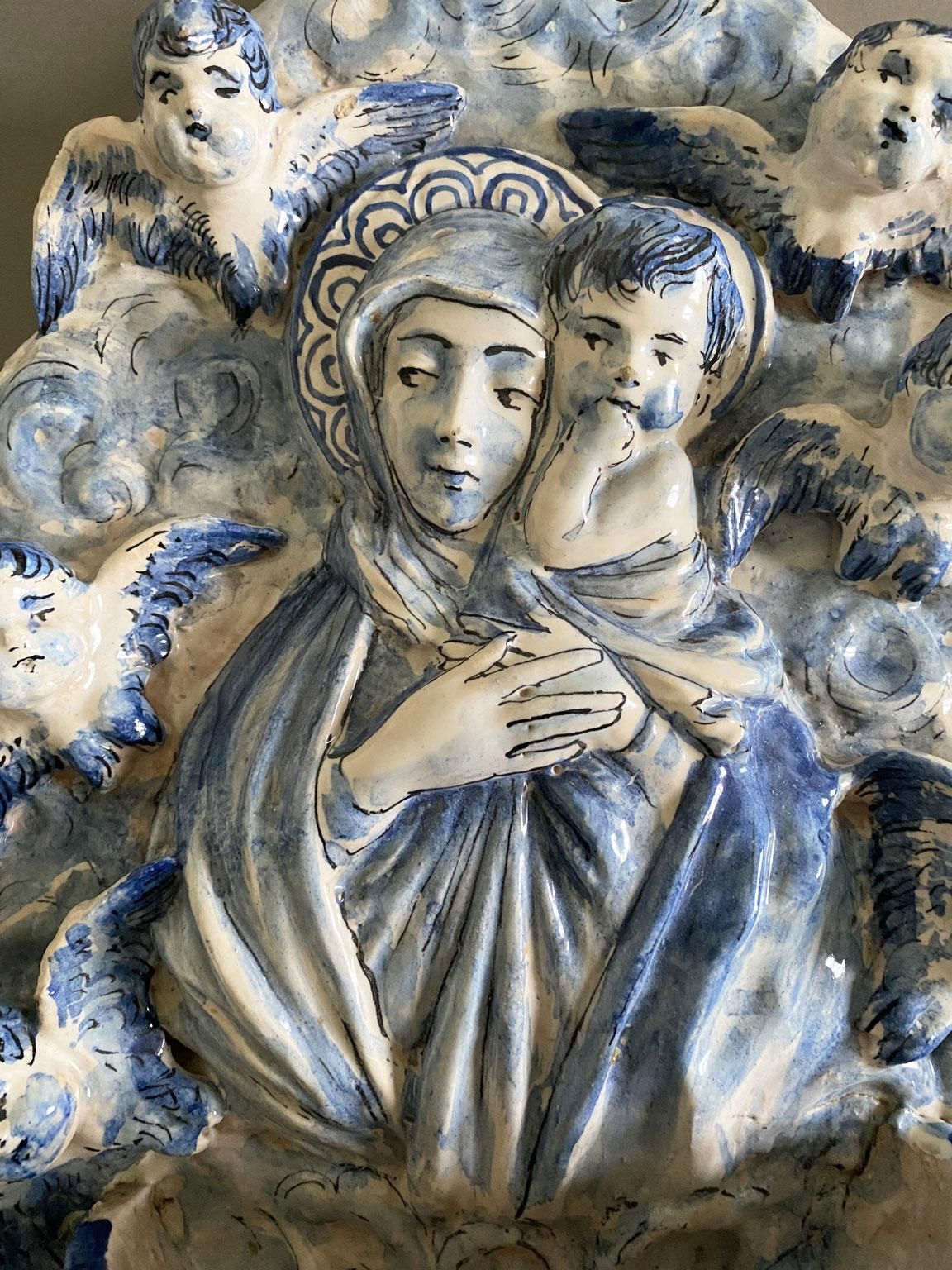 Italy Mid 20th Century White And Blue Pottery Holy Water Font With Little Angels photo vinterior