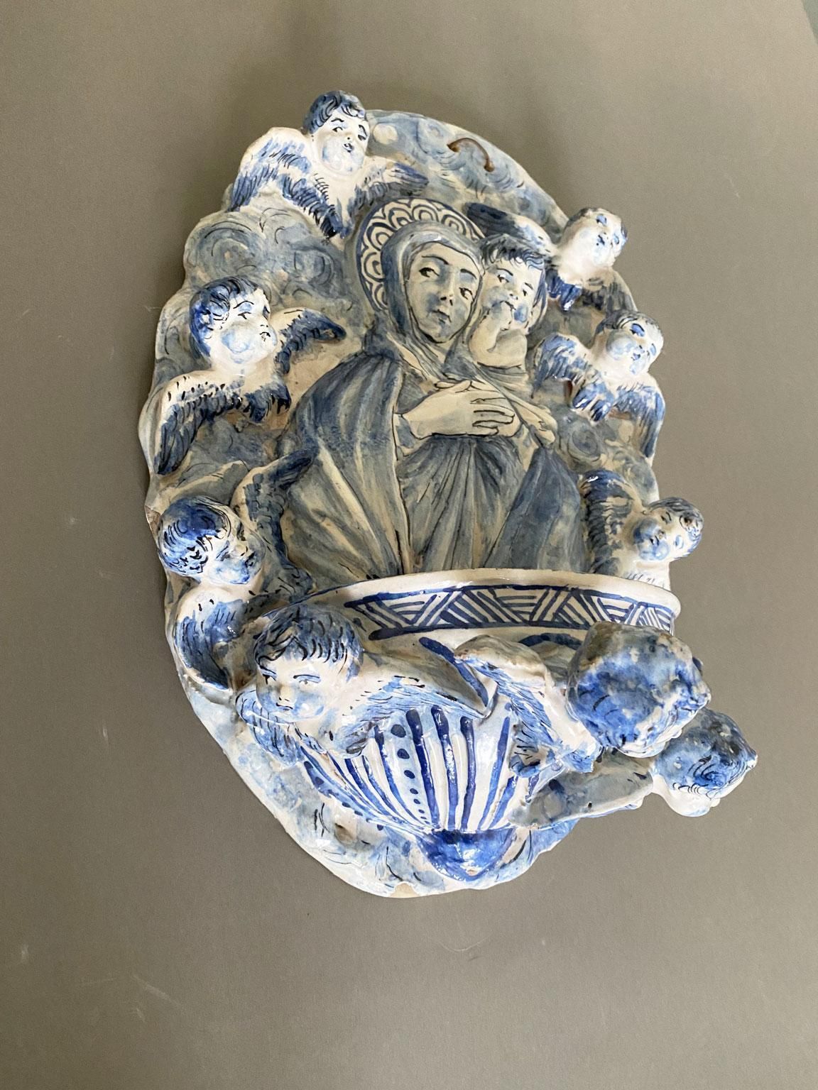 Art Italy Mid 20th Century White And Blue Pottery Holy Water Font With Little Angels photo
